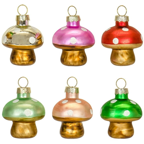 Red Co. 1.5” Mini Decorative Christmas Tree Glass Ornaments – Set of 6 Assorted Mushrooms