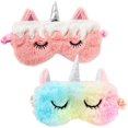 thumbnail image 1 of Paquete de 2 antifaz para dormir para niños, antifaz de unicornio colorido con dibujos animados, cubierta de ojos de felpa para dormir con los ojos vendados para niñas y niños (rosa + azul claro) Xemadio CJWUS-5965, 1 of 5