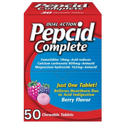 Pepcid Complete Dual-Action Antacid, Chewable Tablets, Berry Flavor 50 Individually Sealed Packets