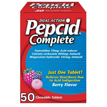 Pepcid Complete Dual-Action Antacid, Chewable Tablets, Berry Flavor 50 Individually Sealed Packets