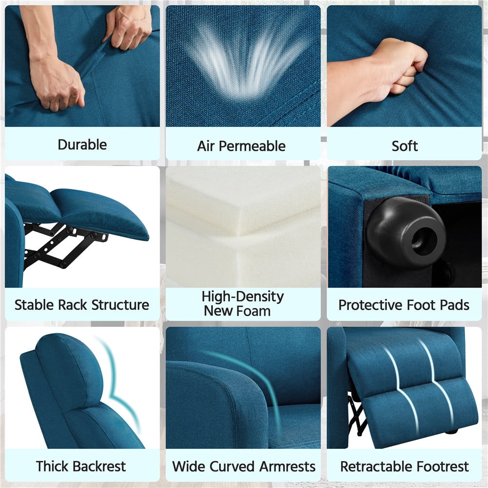 Yaheetech Modern Fabric Upholstered Recliner Chair with Pocket Spring for Home,Blue