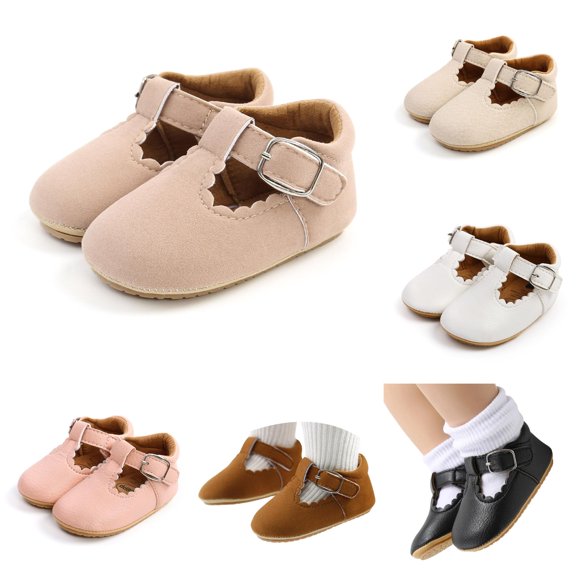 Krdevn T-Strap Baby Mary Jane Shoes, Soft Anti Sole Button Strap Princess Pre Walker Shoes for Girls,Beige