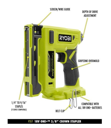 RYOBI P317KN 18-Volt ONE+ Cordless Compression Drive 3/8 in. Crown Stapler with 1.3 Ah Battery, Charger, and Sample Staples