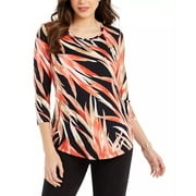 JM Women's Collection Printed 3/4-Sleeve Scoop-Neck Top Black Size Extra Large