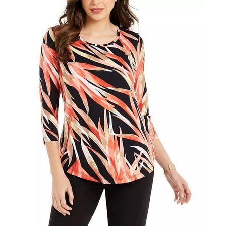 JM Women's Collection Printed 3/4-Sleeve Scoop-Neck Top Black Size Extra Large