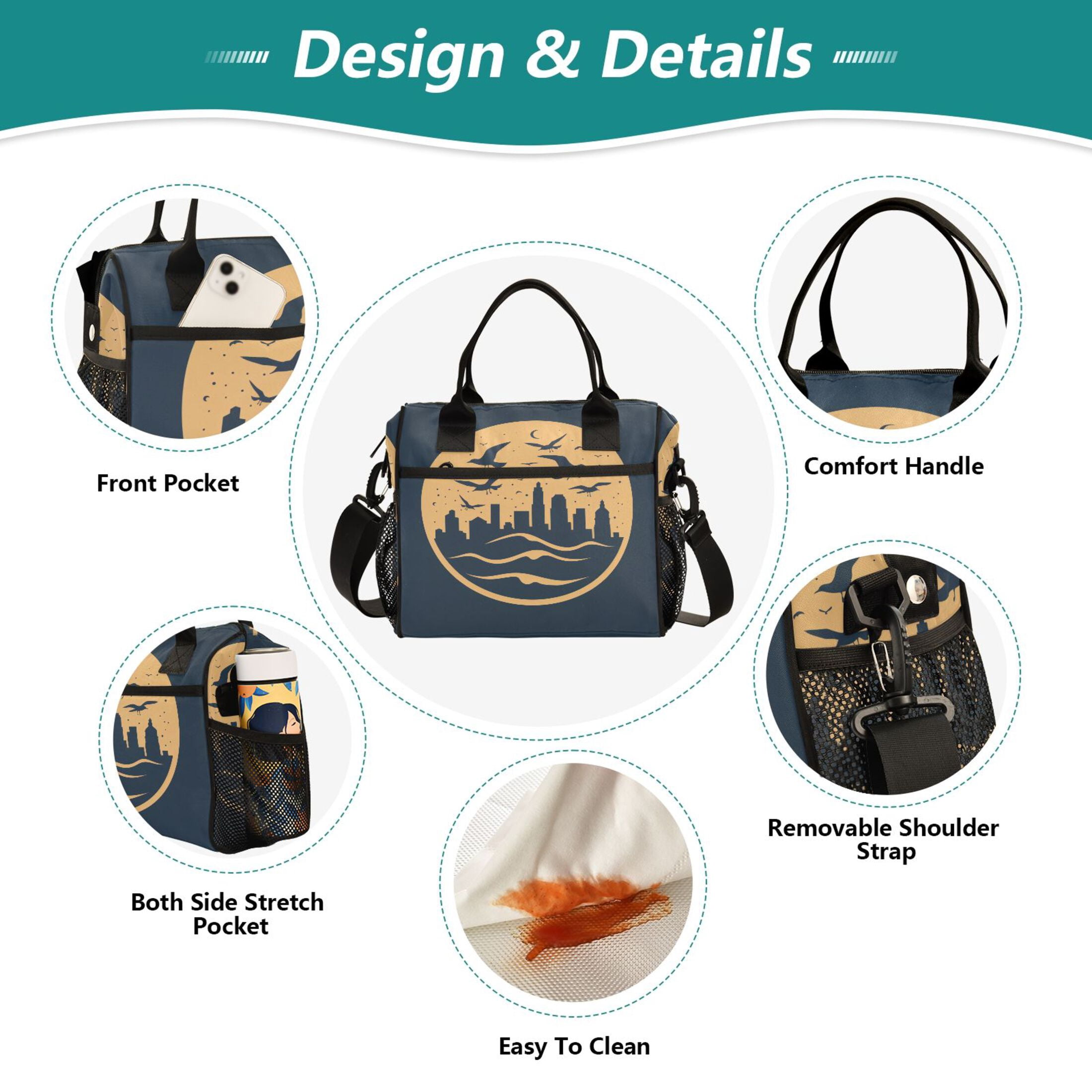 Lunch Bag Insulated Lunch Box Leakproof Reusable Cooler Tote Adjustable Shoulder Strap for Men Women City Seagulls Moon Wave 9L