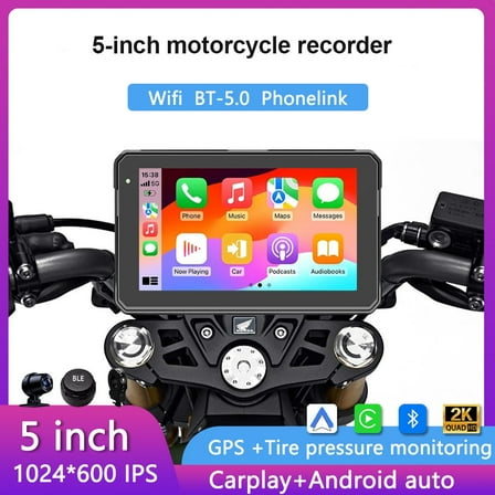 5-Inch Motorcycle GPS Dash Cam with CarPlay Android Auto, 2K Front and Rear Cameras, WiFi Bluetooth, Waterproof TPMS, 64G Support