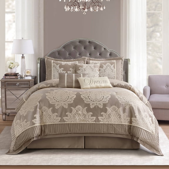 Nanshing Therese 7 Piece Damask Comforter Set, King, Beige, Jacquard with matching solid piecework