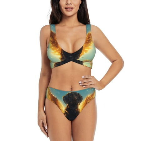 Zeuib Golden Cloud Winged Dog High Waisted Tummy Control Bikini Set - Knot Front Push Up Top & Cheeky Thong Bottom  Two-Piece Swimsuit for Women-Large