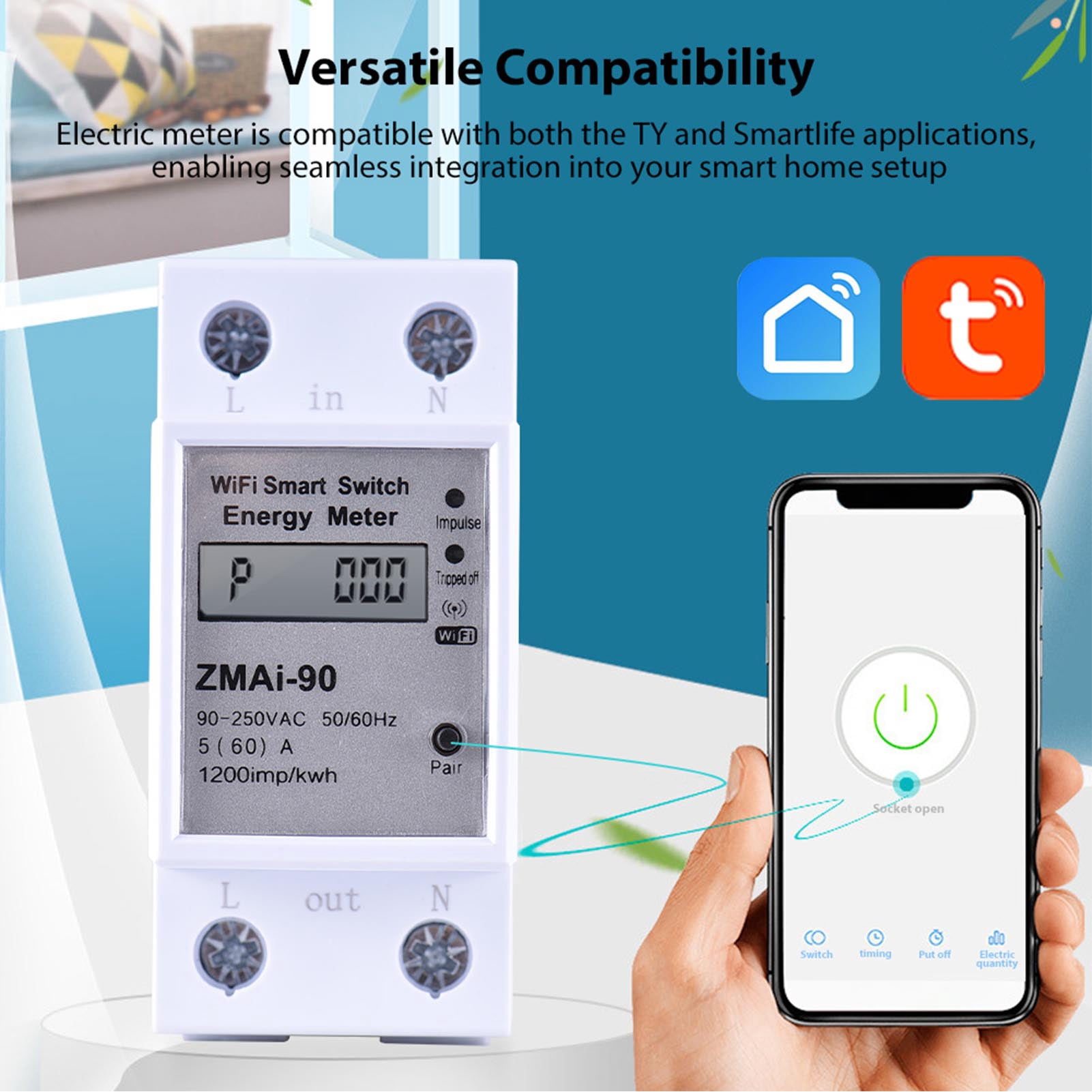 NFTIGB WiFi Intelligent Energy Meter Support TY APP Control Single-Phase Din Rail Smart Electricity Meter Power Consumption Kwh Wattmeter LCD Display Voice Control Metering Switch Functions 220V