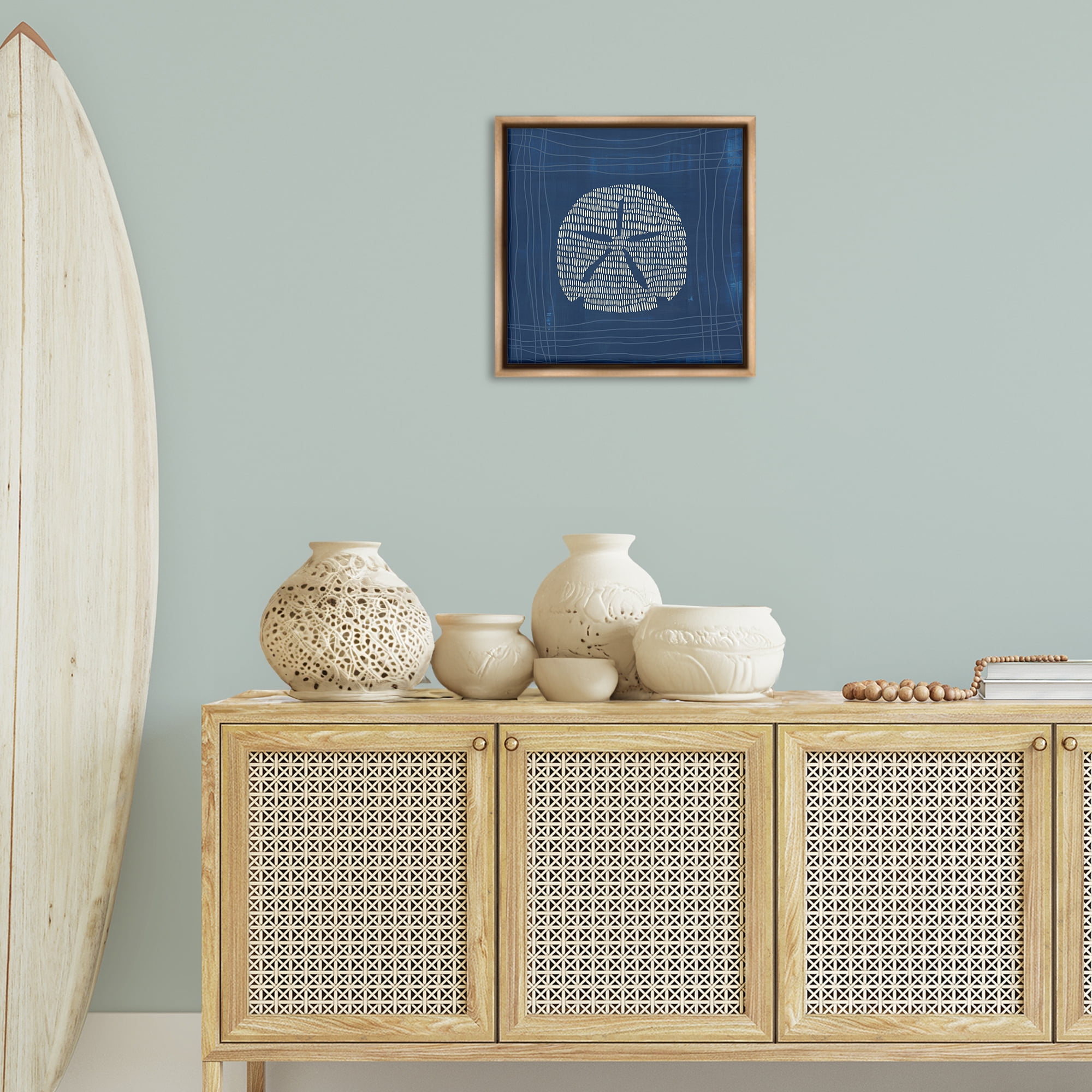 Stupell Industries Sand Dollar on Blue Coastal Painting Brown Floater Framed Canvas Art Print Wall Art, 18 x 18