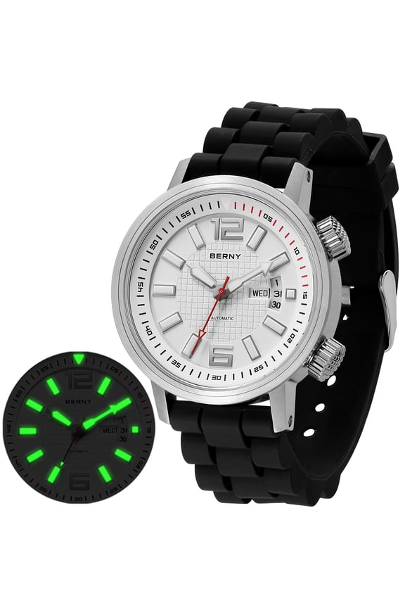 Automatic Dive Watches for Men, Sport 200M Waterproof Analog Mechanical Watch with Day & Date, Super Luminous, Silicone Strap, Stainless Steel, Sapphire Crystal, Men's Pro Diver Watch (White)