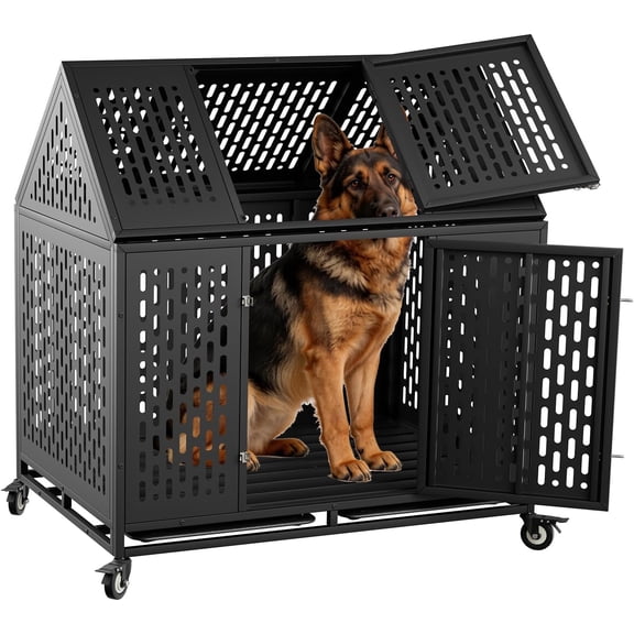 Ufyerutg 45'' Indestructible Heavy Duty Dog Crate, Escape Proof Strong Steel Impact Pet Cage for Large Medium Dogs, High Anxiety Sound Proof Chewproof Kennel Double Door with Trays and Wheels