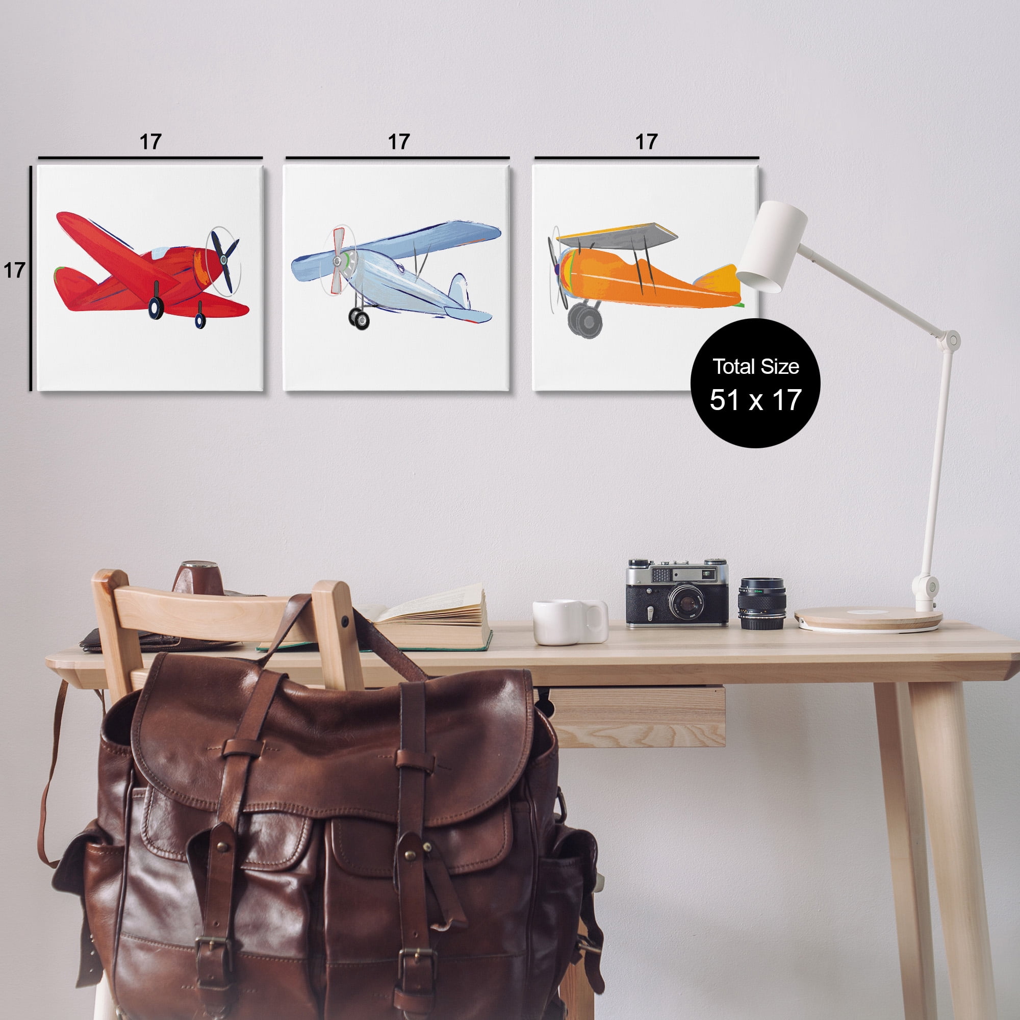 Stupell Industries Triple Colorful Airplanes Drawing Art for Kids Painting Gallery Wrapped Canvas Art Print Wall Art, 17 x 17, Set of 3
