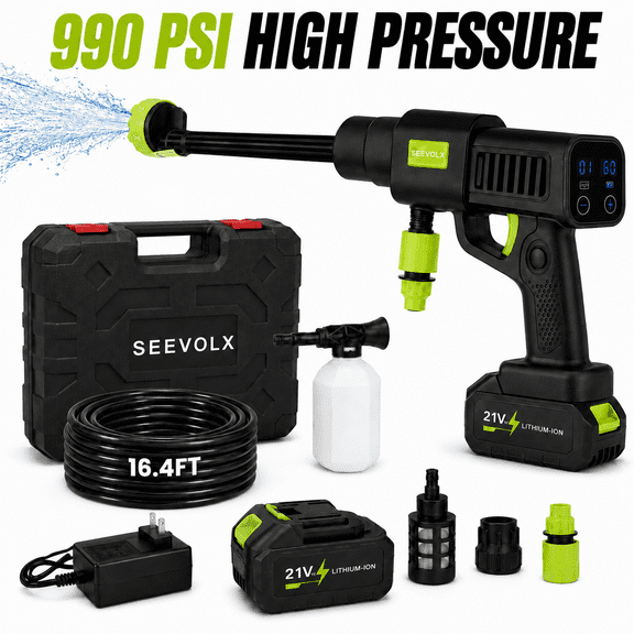 SEEVOLX 990PSI Cordless Pressure Washer, 21V Touchscreen Adjustable Portable Power Washer with 1 Battery, 6-in-1 Nozzle, 16FT Hose