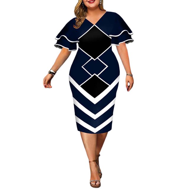 Sunloudy Vestido ajustado para mujer, cuello en V, doble capa, manga corta con volantes, cremallera trasera, falda de una pieza Sunloudy S M L XL 2XL 3XL 4XL