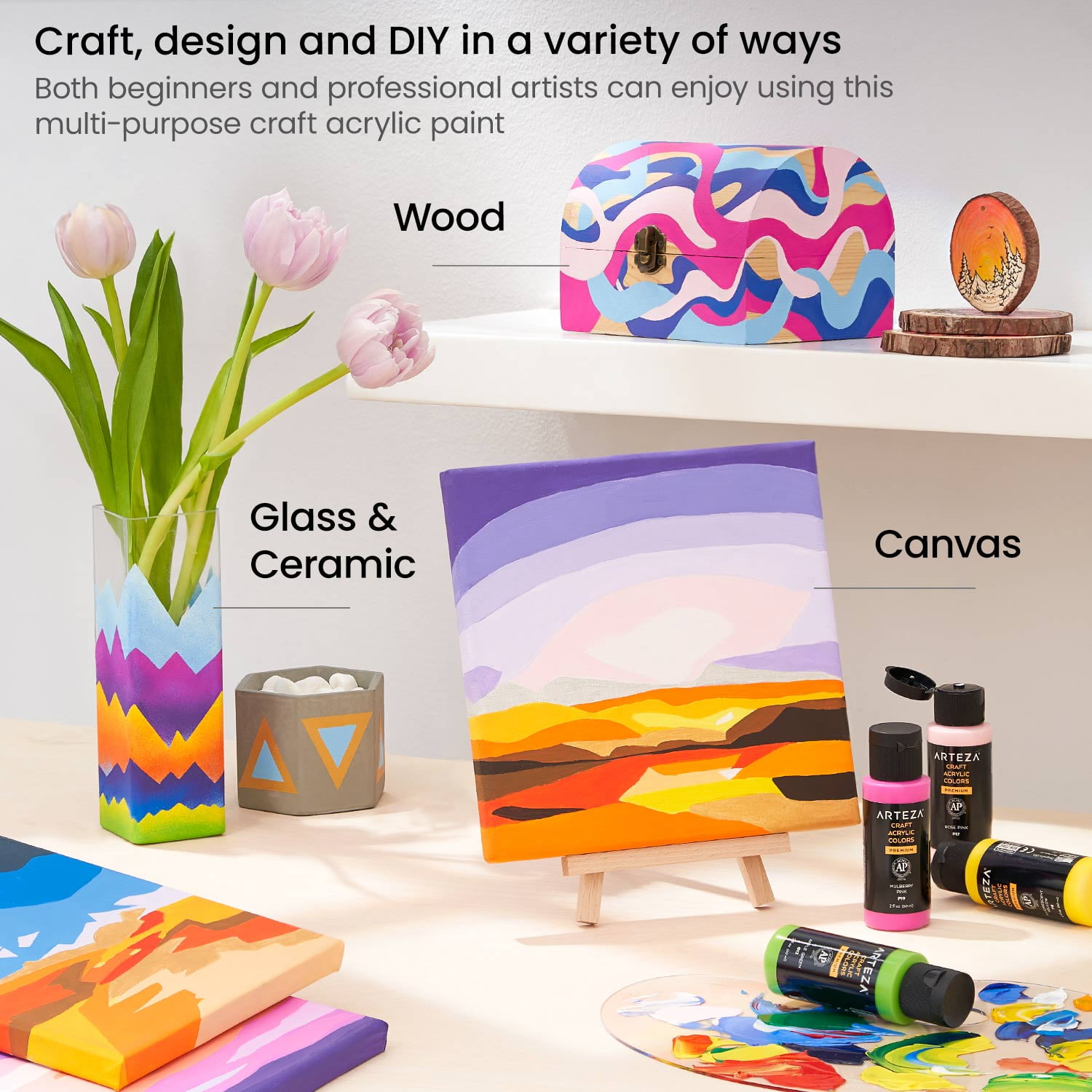 Arteza Acrylic Craft Paint, Matte Finish, Multicolor, Set of 20, 60 mL
