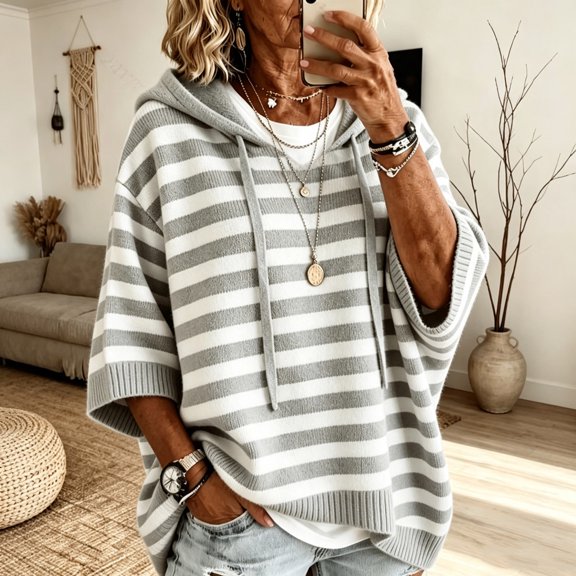 IUYRTFE Women's V Neck Batwing Sleeve Knit Top Color Block Striped Casual Pullover with Kangaroo Pocket