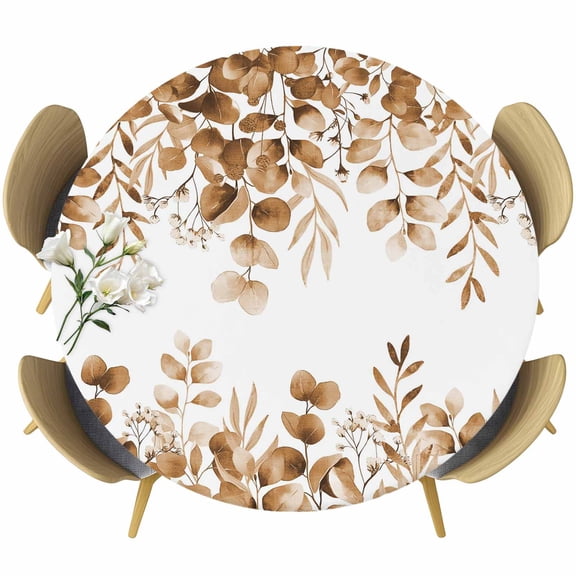 Brown Eucalyptus Leaves Round Tablecloth, Fitted Table Cover with Elastic for 36"-44" Round Tables, Spring Summer Botanical Table Cloth Outdoor Indoor Dinning Party Waterproof Tablecloths