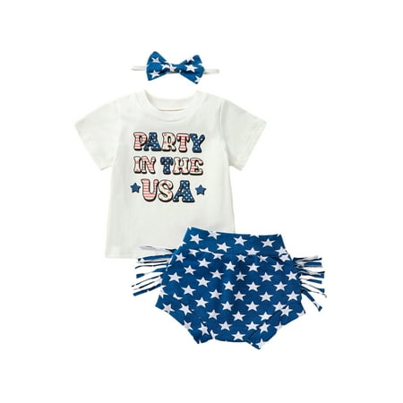 

GXFC Infant Baby Girl 4th of July Clothes Newborn Girl Independence Day Summer Letter Print Short Sleeve T shirt+Star Striped Tassel Shorts +Headband Set 3pcs 0-24M