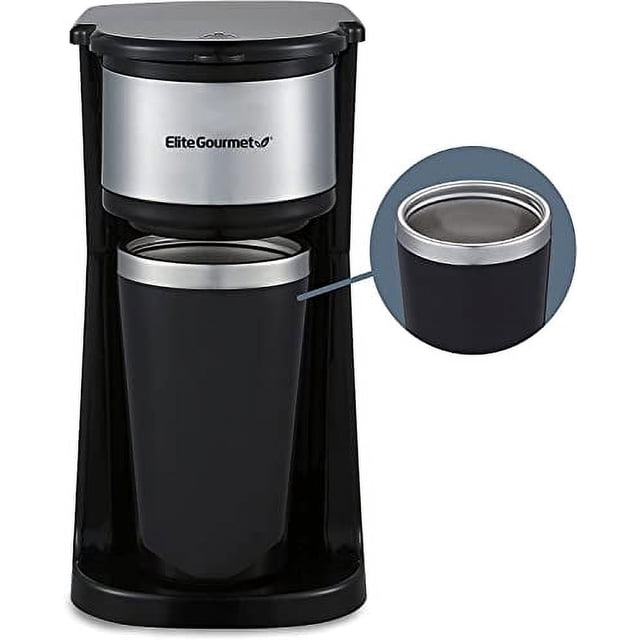 Elite Gourmet EHC112 Personal Single-Serve Compact Coffee Maker Brewer Includes 14Oz. Stainless Steel Interior Thermal Travel Mug, Compatible with Coffee Grounds, ReCaable Filter