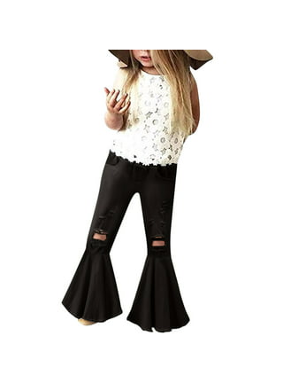 Little Girls Denim Jeans Bell-Bottom Ruffle Flare Pants Trousers 2-7 Y