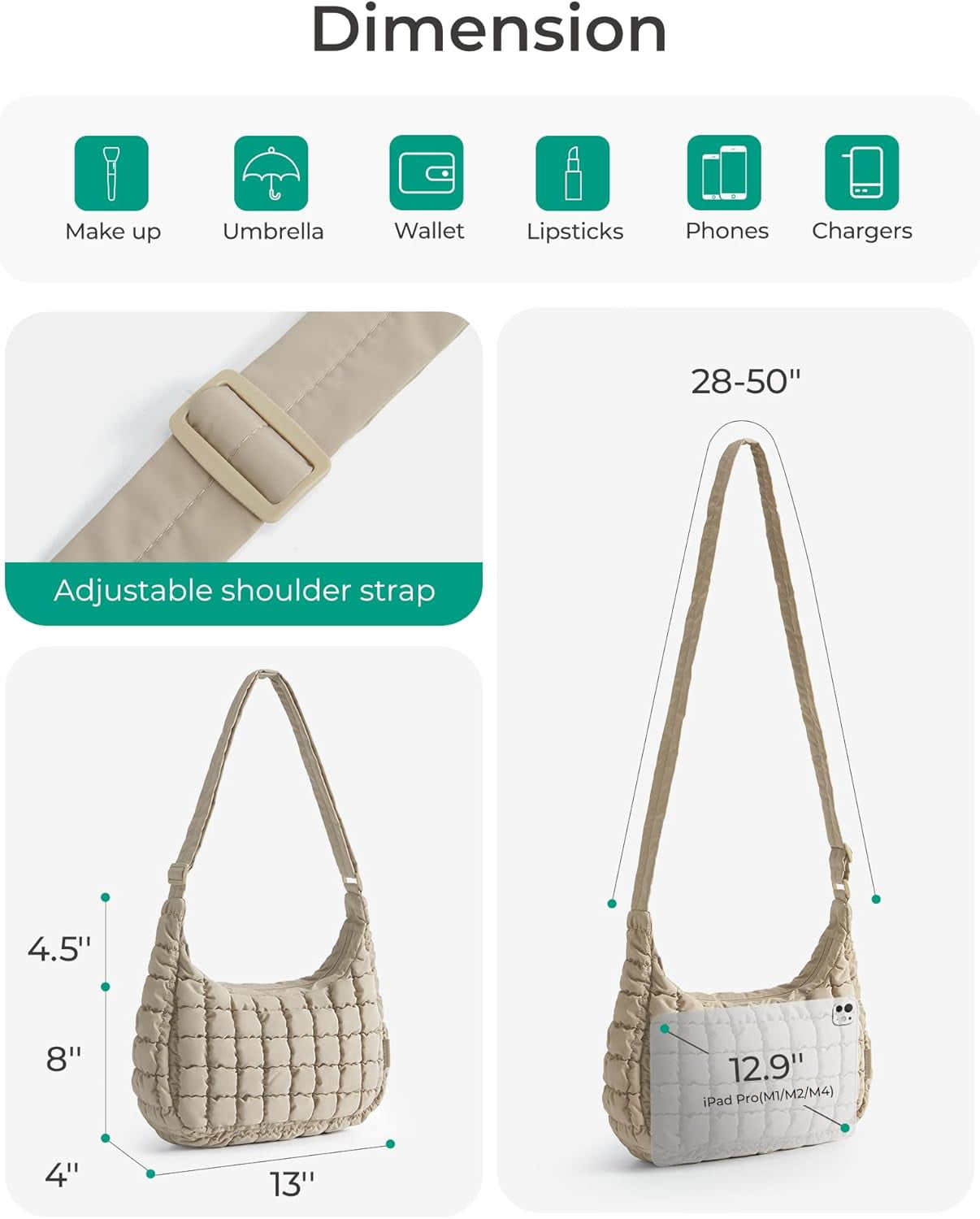Kwuty Quilted Puffy Crossbody Bag for Women, Medium Cute Hobo Shoulder Purse Soft Fluffy Handbag for Daily Use