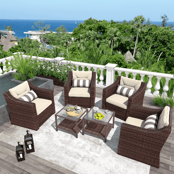 Junkai 6-Piece Patio Furniture Set, Outdoor Patio Sectional Furniture All-Weather Rattan Wicker Patio Conversation Set Outdoor Furniture for Backyard Balcony,Brown