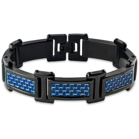 Crucible Black-Plated Stainless Steel Blue Carbon Fiber Link Bracelet