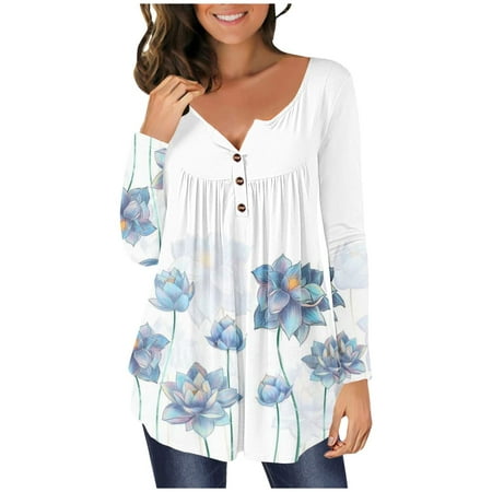 

Womens Tops Floral Print Fall Casual Long Sleeve Hide Belly Tunic Shirts Ruffle Button Up Loose Blouse T-shirts