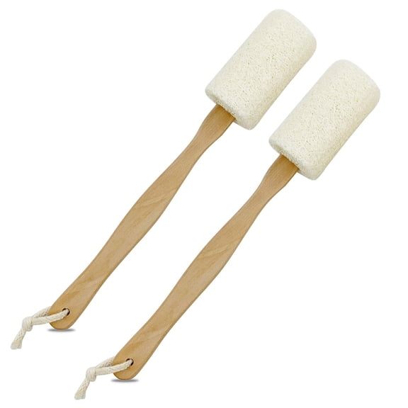 Loofah Back Scrubber for Shower, Natural Loofah Sponge Exfoliating Body Sponge Scrubber with Long Wooden Handle Back Brush for Men & Women in Bath Spa Shower 2 Pack