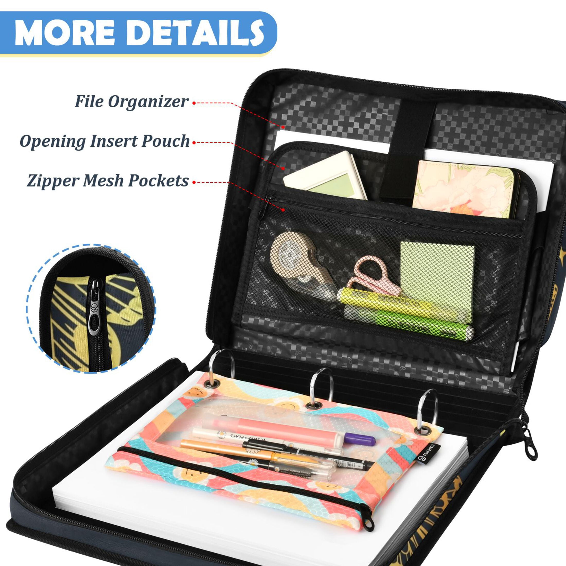 ALAZA Zipper Binder Golden Butterfly Pattern 2 inch 3 Ring 500 Sheet Capacity Trapper Keeper File Folder Organizer Bag