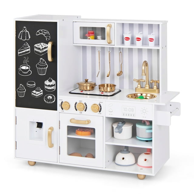 Gymax Play Kitchen Toy Set w/ Chalkboard Oven Sink Faucet Stove Water Dispenser