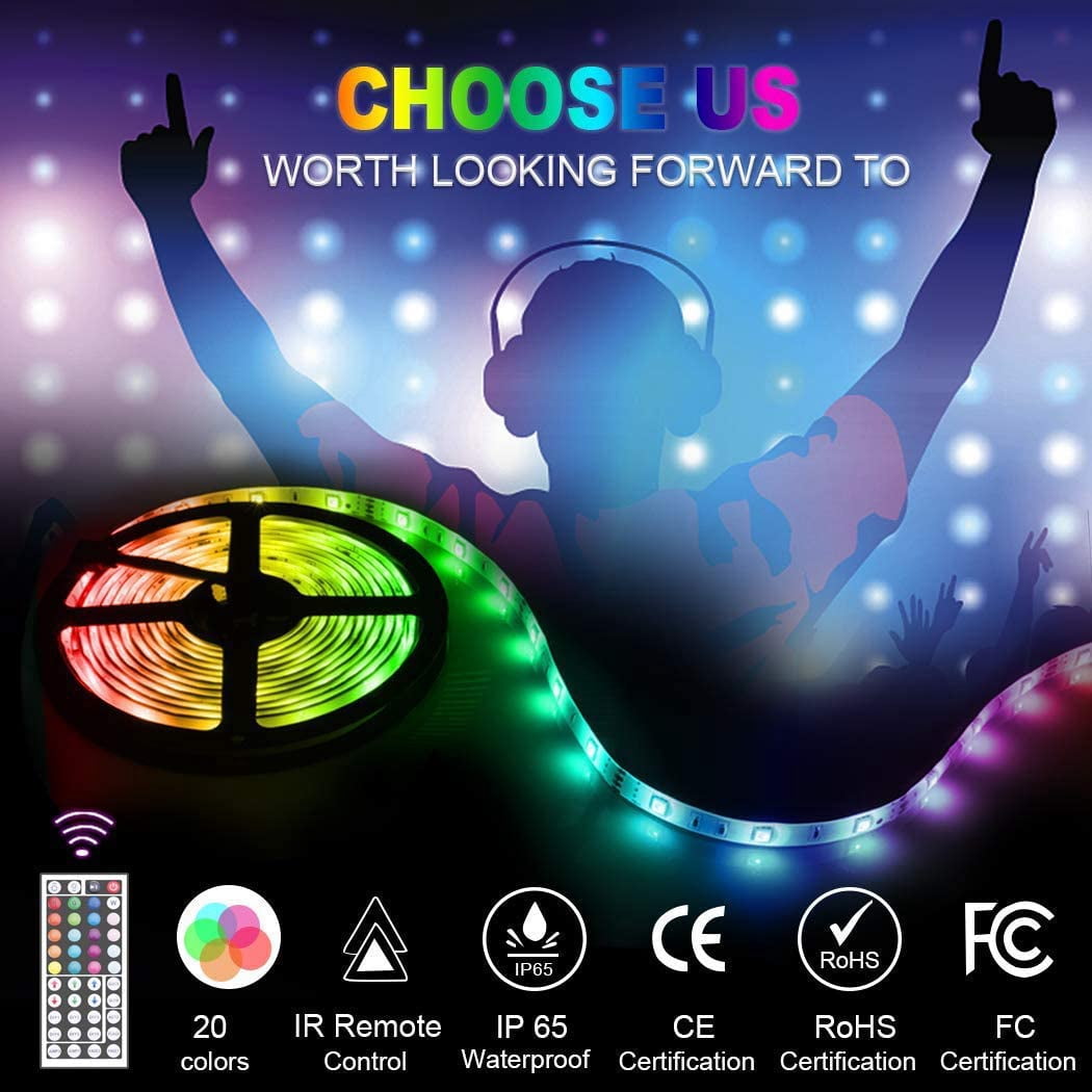 Led Strip Lights, 32.8ft 300LEDs Waterproof Flexible LED Lights with 44 Keys IR Remote Controller and 12V Power Supply for Bedroom House and Home Decoration