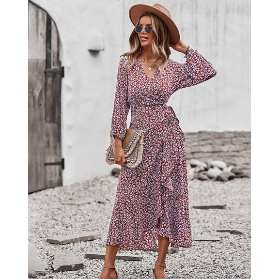 Floral Print Surplice Neck Bishop Sleeve Wrap Style Midi Dress