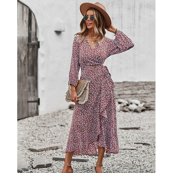 Floral Print Surplice Neck Bishop Sleeve Wrap Style Midi Dress