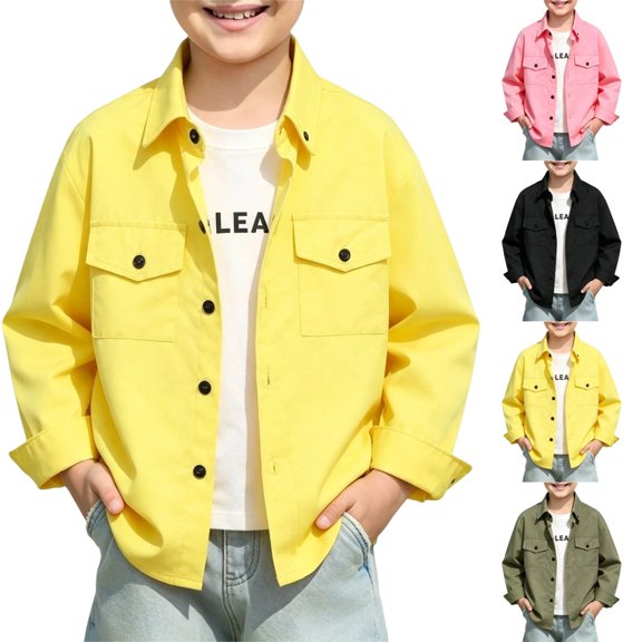 LTTVQM Girls Boys Button Down Shirt Casual Long Sleeve Collared Comfortable School Uniform Shirts with 2 Pockets Fashion Basic Classic Relaxed Fit Blouse Yellow 7-8 Year