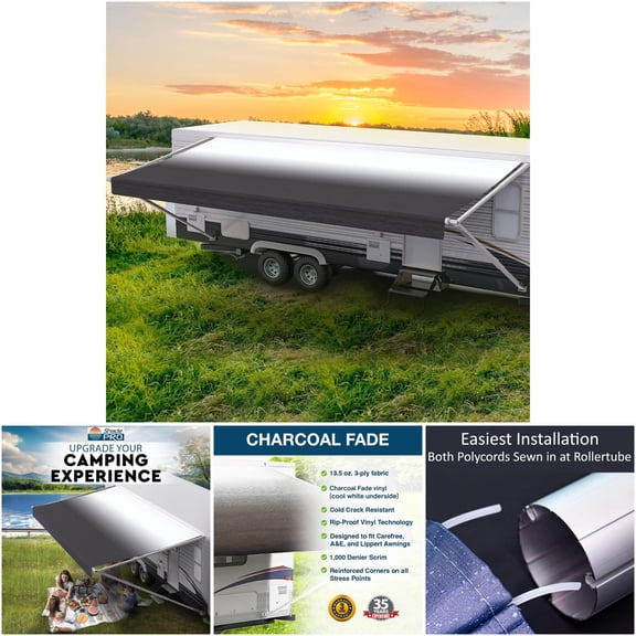 ShadePro 22XXxx RV Awning Fabric Replacement - 15' Charcoal Fade Vinyl Awnings for Camper, Trailer, Motorhome