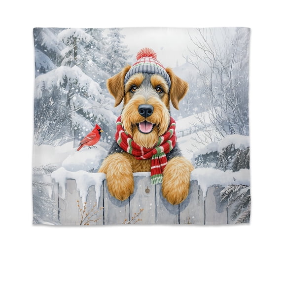 Playful Airedale Terrier Welcomes Winter Snowy Day with Cardinal Bird Tapestry Dale Waterside Dog Lover Wall Hanging Backdrop Home Decor - 2017