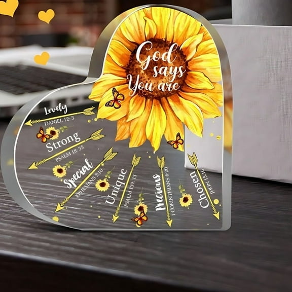 God Says You Are Exquisite Heart-Shaped Sunflower Acrylic Keepsake - Positive Inspirational Uplifting Bible Verse Perfect Gift Women Beautiful Home & Office Desk Decoration Inspirational 3.9x3.9