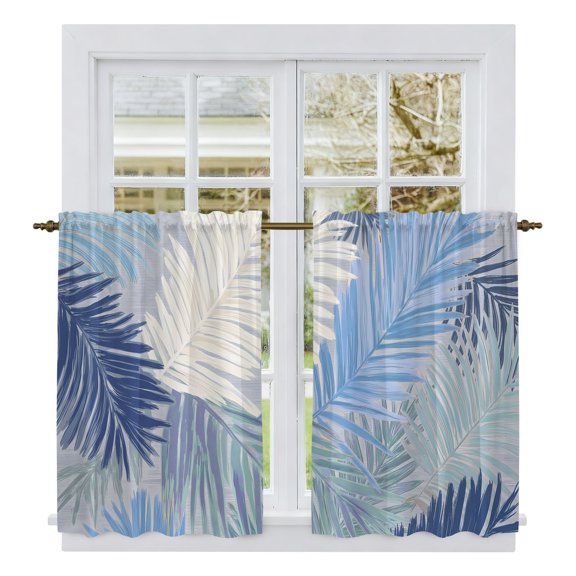 Blue Grey Palm Leaves Kitchen Curtains 54 Inch Length, Summer Tropical Plants Botanical Tiers Curtains for Bathroom Bedroom Cafe, Light Filtering Small Window Treatment Drapes 2 Panels 42"Wx54"L