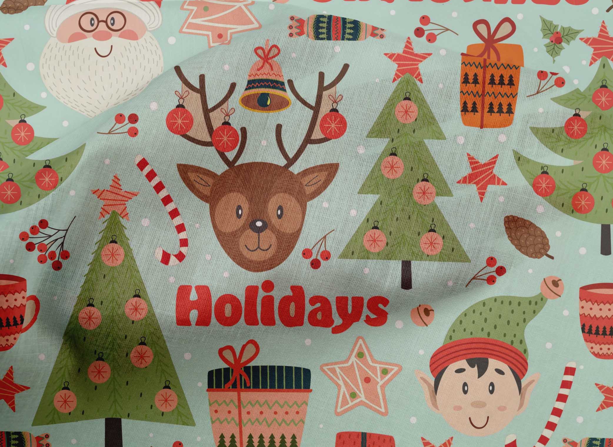 oneOone Cotton Poplin Light Mint Green Fabric Santa|Gift Box & Tree Christmas Quilting Supplies Print Sewing Fabric By The Yard 56 Inch Wide