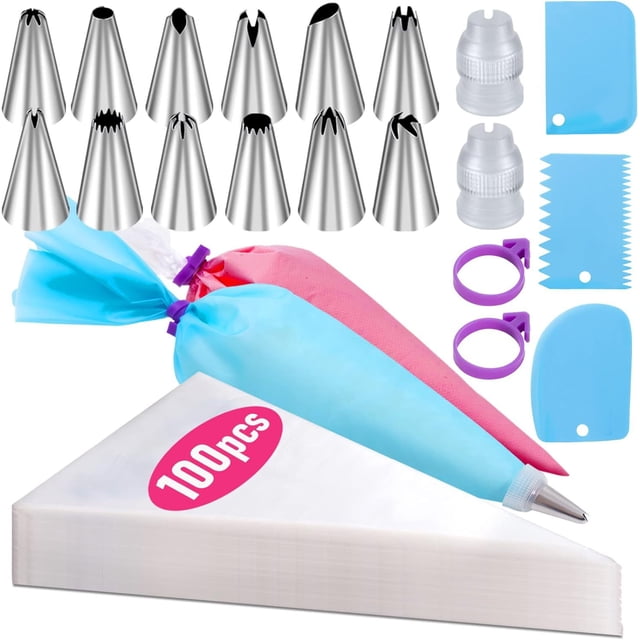 Zhuge 100 mangas pasteleras desechables de 12 pulgadas con 2 convertidores,3 raspadores de crema,1 bolsa floral de EVA, 2 bridas de silicona,12 boquillas florales para pasteles-juego de 120 piezas