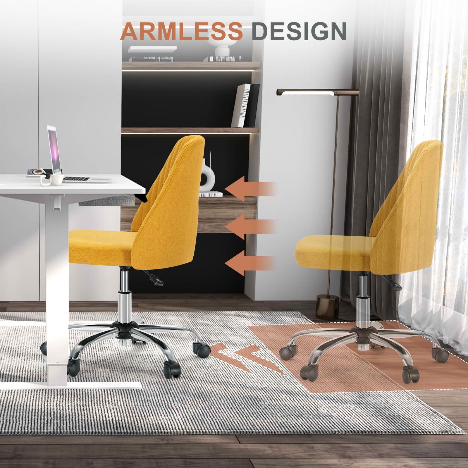 MAYEERTY Modern Fabric Armless Office Desk Chair, 360° Swivel Height Adjustable Rolling Vanity Chair with Wheels