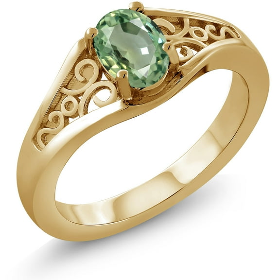 Gem Stone King 0.55 Ct Oval Green Sapphire 18K Yellow Gold Plated Silver Ring (Size 6)