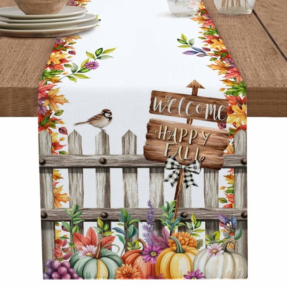 nqOlkjepod Thanksgiving Pumpkins Table Runner 60 Inches Long Farmhouse Dress Scarves, Fall Leaves Country Wildflowers Fence Dining Tablerunner for Coffee Table/Kitchen Island/Party Décor, 13" x 60"
