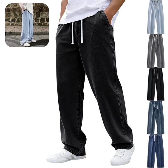 Mfakffe Baggy Jeans for Men Wide Leg Drawstring Elastic Waist Denim Pants Hip Hop Streetwear Casual Summer Jeans with Pockets