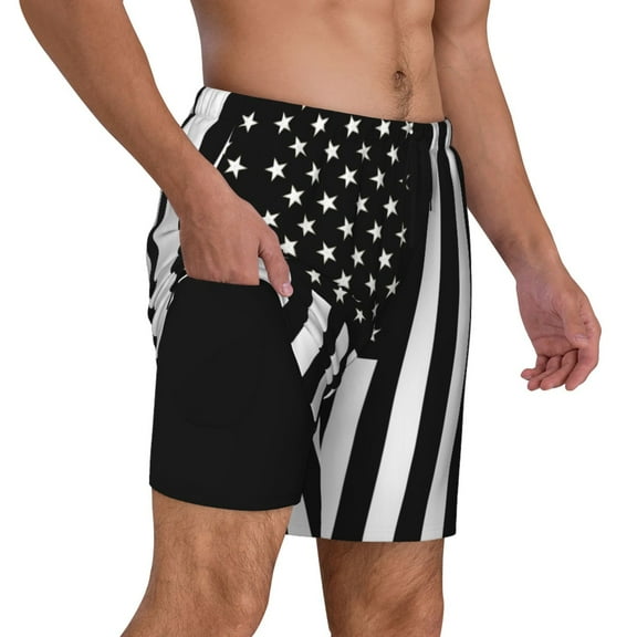 Mens Swim Trunks Black America Flag Quick Dry Board Shorts with Compression Liner