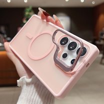 Design for Samsung Galaxy S24 FE Magnetic Case,With Contractible Metal Camera Ring Stand,Shockproof Heavy Duty Translucent Skinfeel Ultra Slim Phone Case For Samsung Galaxy S24 FE,Pink