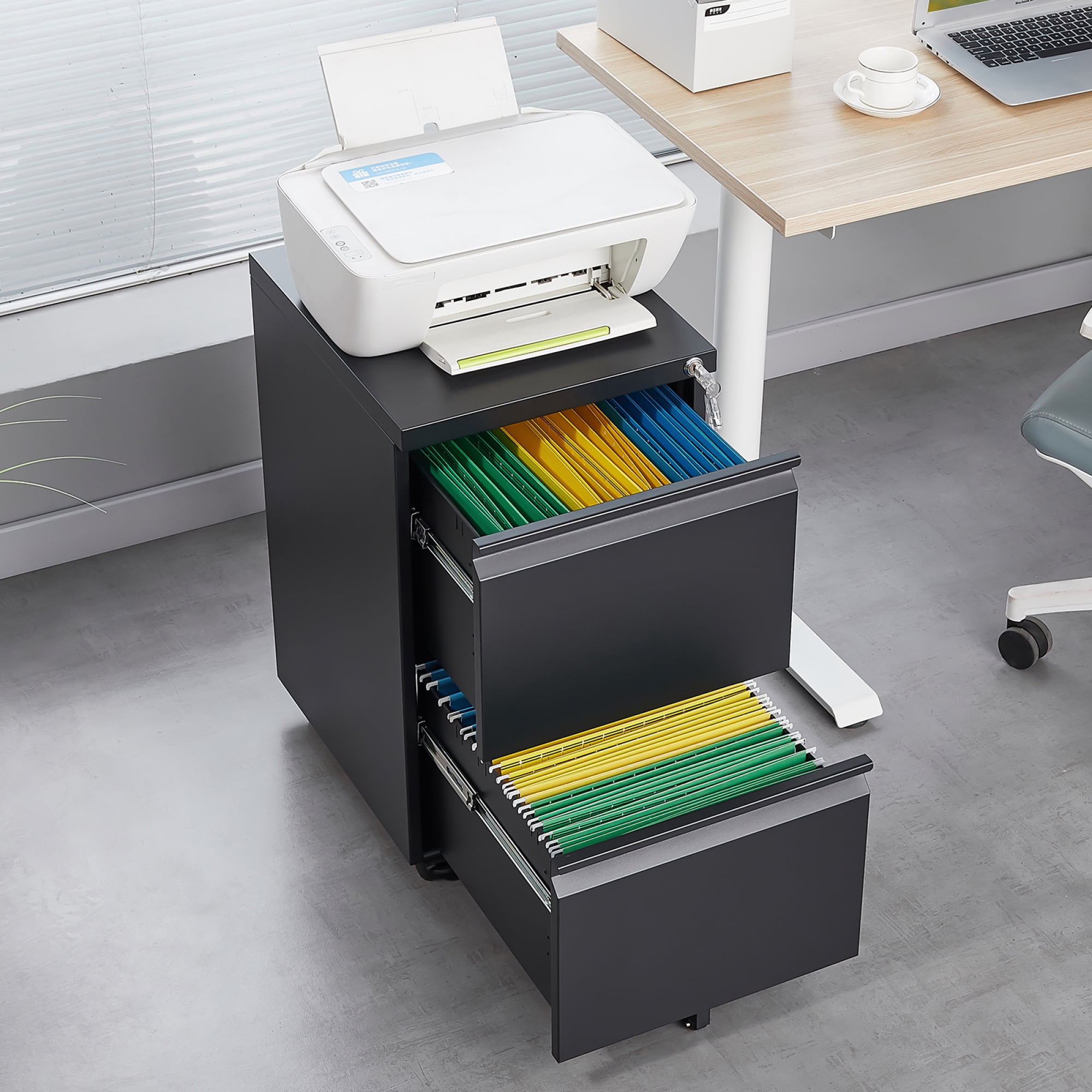 2 Drawer File Cabinet with Lock, Metal Under Desk Rolling Filing Cabinet for Home Office, Mobile Filing Cabinet